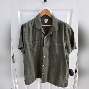 J. Crew Men's Casual Linen Olive Button Down Shirt